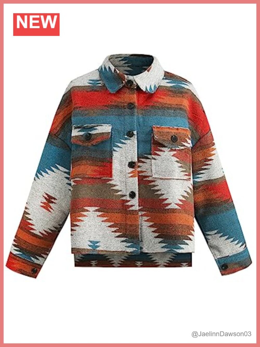 Vintage Aztec Geometric Print Loose Shacket Button Down Long Sleeve Wool Blend